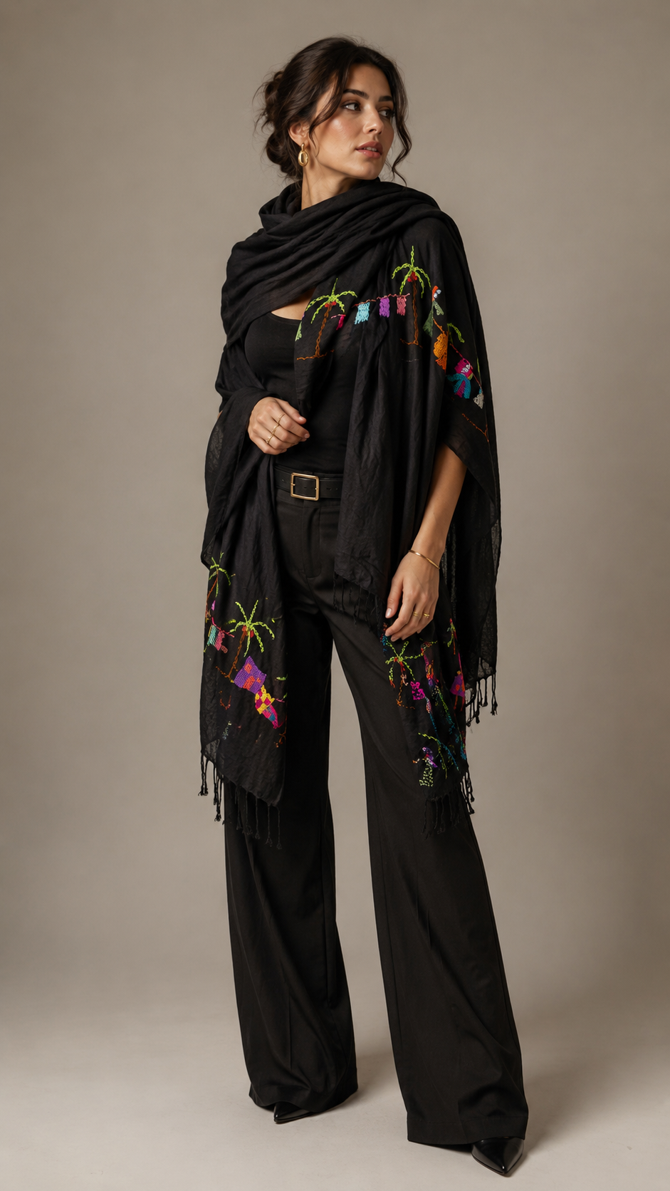 Black Linen Tally Palm Scarf