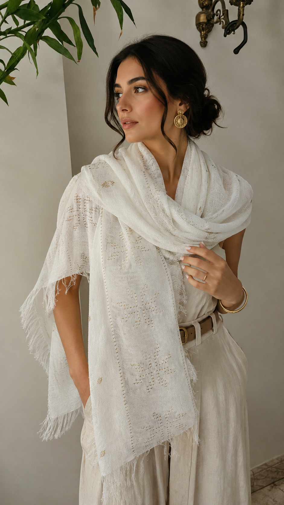 White Linen Gold Tally Scarf